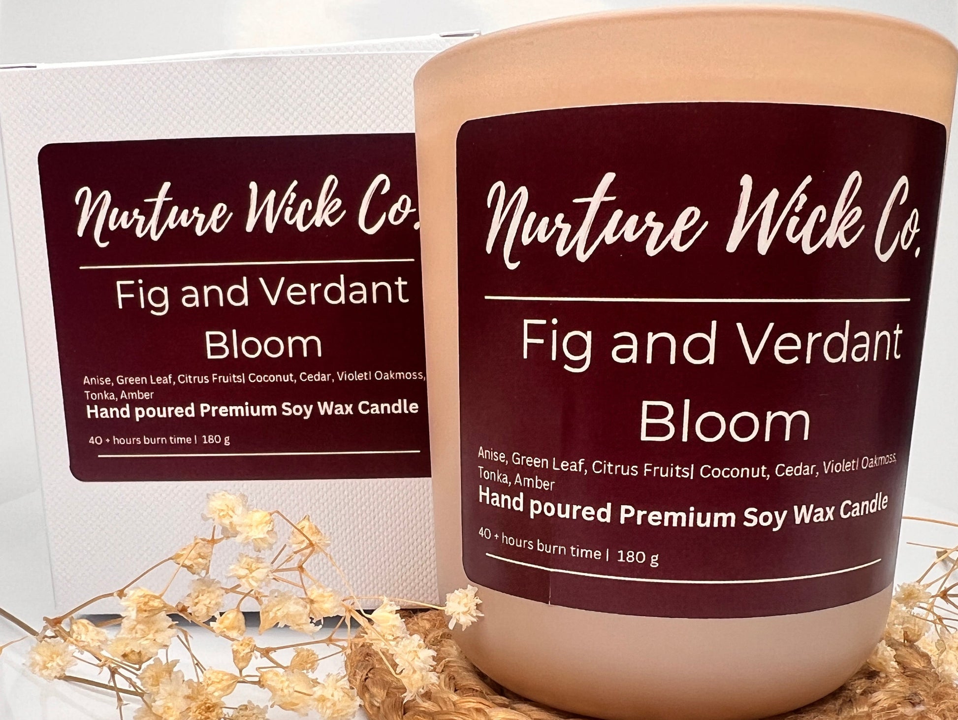 Candle with 'Nurture Wick Co.' label on a white background