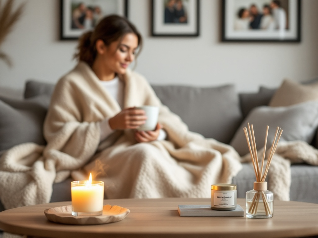 Woman sitting on a couch wrapped in a blanket, holding a mug in a cozy living room.